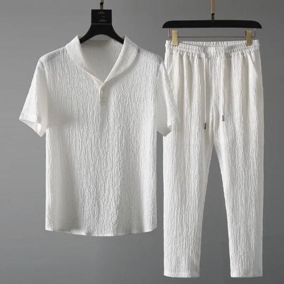 Men's Crinkled Co-Ord Set White